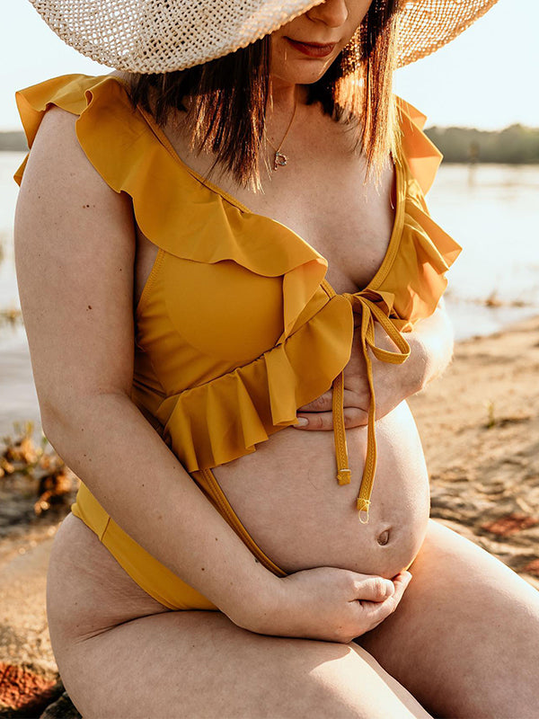 Momnfancy Yellow Ruffle Cut Out Backless One Piece Beach Chic Fashion Bikinis Maternity Swimwear