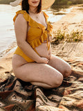 Momnfancy Yellow Ruffle Cut Out Backless One Piece Beach Chic Fashion Bikinis Maternity Swimwear
