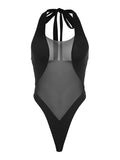 Momnfancy Black Patchwork Grenadine Backless Off-shoulder Lace Up Halter Neck One Piece Beach Fashion Bikini Maternity Swimwear
