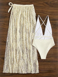 Momnfancy Cream Two Piece Cut Out Backless Side Slit Deep V-neck Bikini With Sheer Lace Skirt Elegant Pool Party Vacation Maternity Beach Photoshoot Swimwear