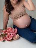 Momnfancy Chic Nude Color Pearl Rhinestones Sparkly Grenadine Transparent Maternity Photoshoot T-Shirt