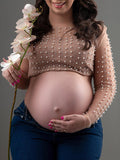 Momnfancy Chic Nude Color Pearl Rhinestones Sparkly Grenadine Transparent Maternity Photoshoot T-Shirt