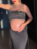 Momnfancy Black Diamond Mesh Fishnet Sheer Drawstring Chic Club Photoshoot Baby Shower Crop Top