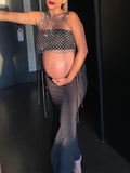Momnfancy Black Diamond Mesh Fishnet Sheer Drawstring Chic Club Photoshoot Baby Shower Crop Top