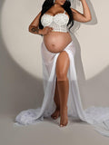 Momnfancy White Lace Rhinestone Adjustable-straps Fashion Photoshoot Maternity Top