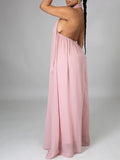 Momnfancy Pink Halter Neck Chiffon Wide Leg Romper Blackless Party Outfit Baby Shower Maternity Jumpsuit