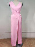Momnfancy Off Shoulder Irregular Sashes High Waist V-Neck Elegant Sleeveless Wide Leg Long Jumpsuit Plus Size Baby Shower Maternity Jumpsuit