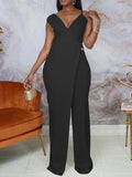 Momnfancy Off Shoulder Irregular Sashes High Waist V-Neck Elegant Sleeveless Wide Leg Long Jumpsuit Plus Size Baby Shower Maternity Jumpsuit