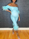Momnfancy Blue Feather Off Shoulder Elbow Sleeve Bodycon Night Out Club Fashion Maternity Baby Shower Party Jumpsuit