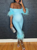 Momnfancy Blue Feather Off Shoulder Elbow Sleeve Bodycon Night Out Club Fashion Maternity Baby Shower Party Jumpsuit