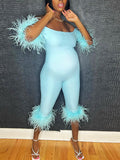 Momnfancy Blue Feather Off Shoulder Elbow Sleeve Bodycon Night Out Club Fashion Maternity Baby Shower Party Jumpsuit