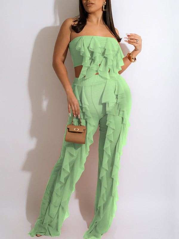 Momnfancy Two Piece Mesh Ruffle Bandeau Crop Wide Leg 2-in-1 Beach Outfit Fashion Maternity Baby Shower Party Jumpsuit