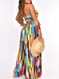 Momnfancy Elegant Colorful Tie Dye Gradient Color Belt Bandeau Holiday Daily Wide Leg Pants Maternity Jumpsuit