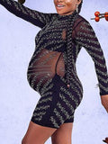 Momnfancy Black Sheer Rhinestone Mesh Diamonds High Neck Bodycon Plus Size Chic Maternity Photoshoot Baby Shower Party Short Jumpsuit