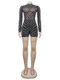 Momnfancy Black Sheer Rhinestone Mesh Diamonds High Neck Bodycon Plus Size Chic Maternity Photoshoot Baby Shower Party Short Jumpsuit