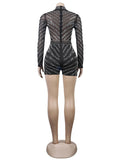 Momnfancy Black Sheer Rhinestone Mesh Diamonds High Neck Bodycon Plus Size Chic Maternity Photoshoot Baby Shower Party Short Jumpsuit