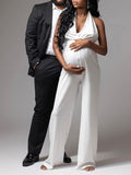 Momnfancy Elegant White Backless Halter Neck Wide Leg Party Photoshoot Babyshower Maternity Jumpsuit