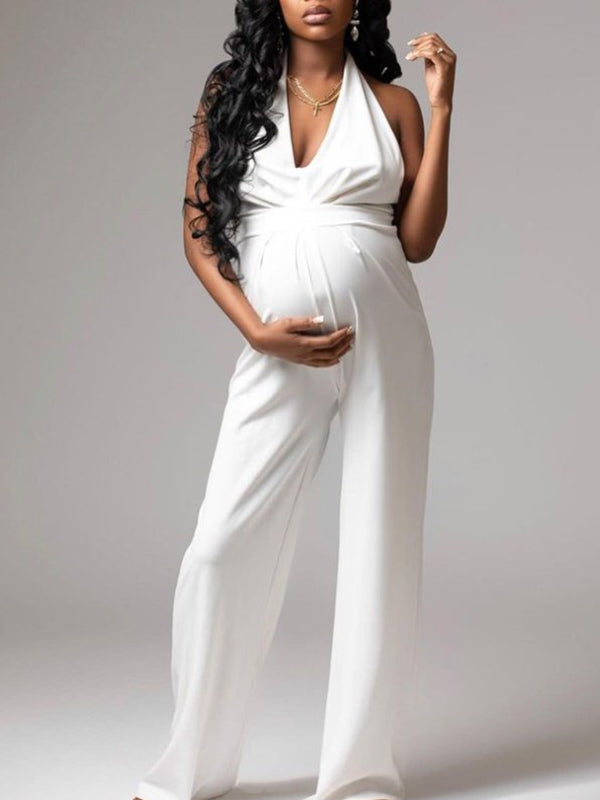 Momnfancy Elegant White Backless Halter Neck Wide Leg Party Photoshoot Babyshower Maternity Jumpsuit