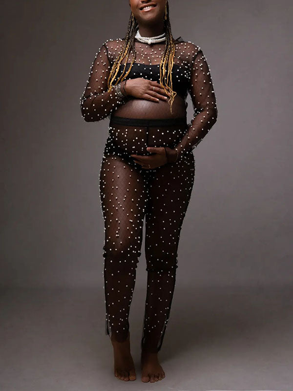 Momnfancy Black Patchwork Pearl Mesh 2-in-1 Long Sleeve High Waisted Fashion Baby Shower Photoshoot Maternity Long Jumpsuit