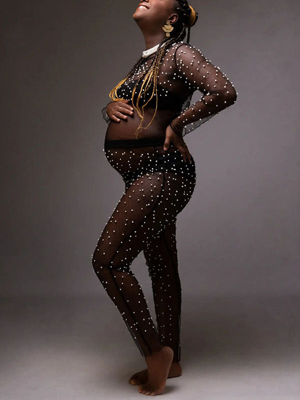 Momnfancy Black Patchwork Pearl Mesh 2-in-1 Long Sleeve High Waisted Fashion Baby Shower Photoshoot Maternity Long Jumpsuit