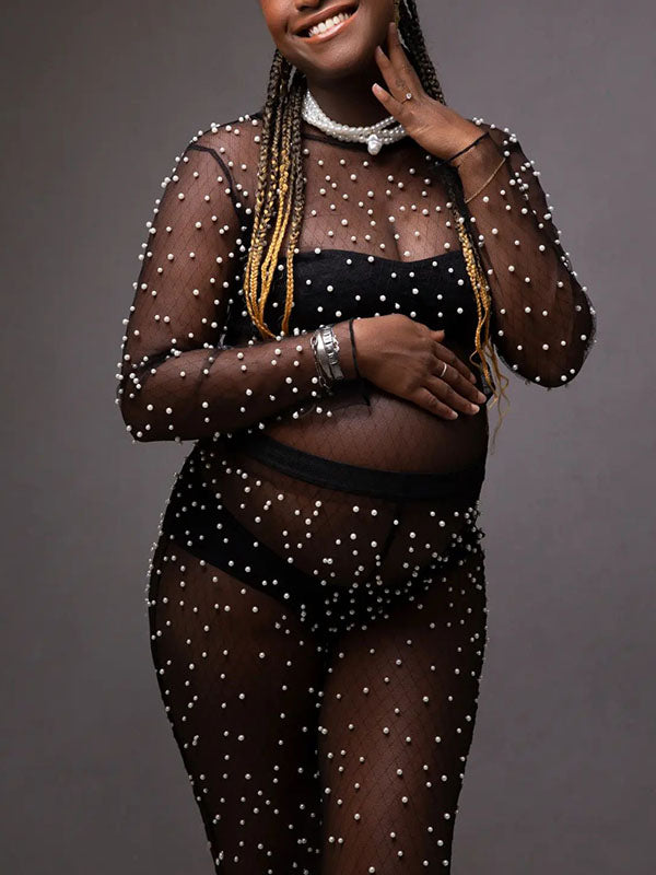 Momnfancy Black Patchwork Pearl Mesh 2-in-1 Long Sleeve High Waisted Fashion Baby Shower Photoshoot Maternity Long Jumpsuit