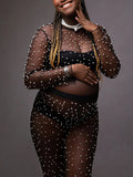 Momnfancy Black Patchwork Pearl Mesh 2-in-1 Long Sleeve High Waisted Fashion Baby Shower Photoshoot Maternity Long Jumpsuit