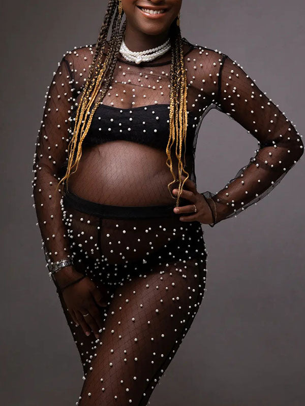 Momnfancy Black Patchwork Pearl Mesh 2-in-1 Long Sleeve High Waisted Fashion Baby Shower Photoshoot Maternity Long Jumpsuit