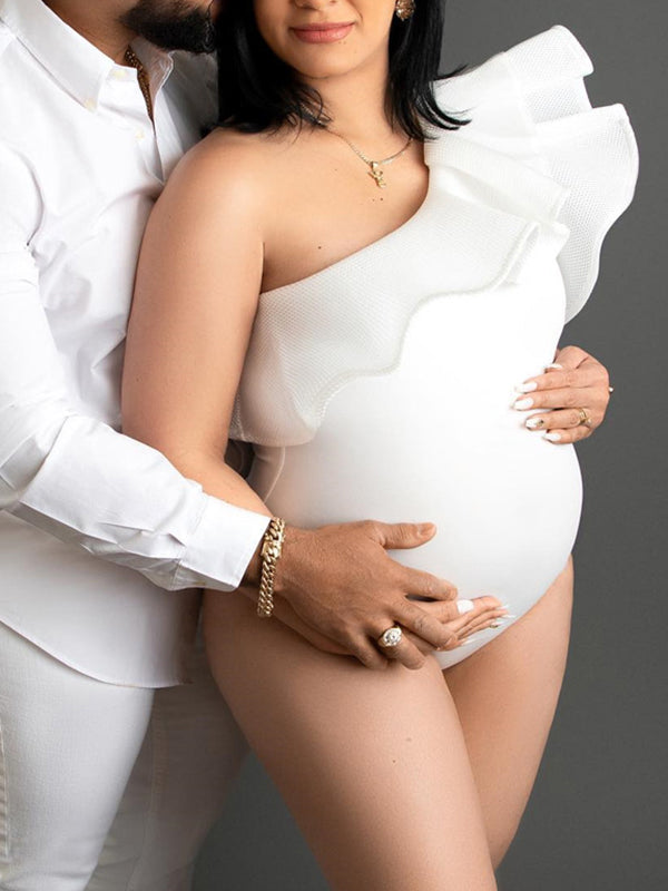 Momnfancy Chic Layers Of Falbala Oblique Shoulder Bodycon Pregnancy Photoshoot Bodysuit Maternity Mini Jumpsuit