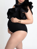 Momnfancy Chic Layers Of Falbala Oblique Shoulder Bodycon Pregnancy Photoshoot Bodysuit Maternity Mini Jumpsuit