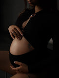 Momnfancy Black Cut Out Crop Long Sleeve Fashion Chic Photoshoot Maternity Bodysuit
