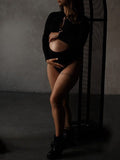 Momnfancy Black Cut Out Crop Long Sleeve Fashion Chic Photoshoot Maternity Bodysuit
