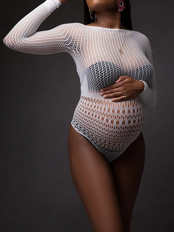 Momnfancy Chic White Transparent Cutout Backless Bodycon Pregnancy Photoshoot Bodysuit Maternity Mini Jumpsuit
