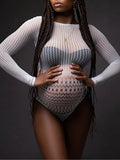 Momnfancy Chic White Transparent Cutout Backless Bodycon Pregnancy Photoshoot Bodysuit Maternity Mini Jumpsuit