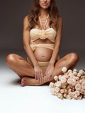 Momnfancy Chic Dark Apricot Flowers Irregular Cutout Bodycon Pregnancy Photoshoot Bodysuit Maternity Jumpsuit
