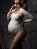 Momnfancy Chic White Bodycon Cutout Irregular Oblique Shoulder Pregnancy Photoshoot Bodysuit Maternity Jumpsuit
