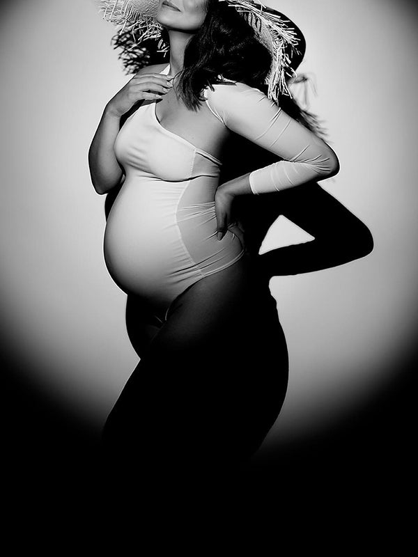Momnfancy Chic White Bodycon Cutout Irregular Oblique Shoulder Pregnancy Photoshoot Bodysuit Maternity Jumpsuit