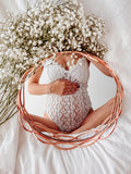 Momnfancy Elegant White Sunflower Print Lace Cutout Bodycon Pregnancy Photoshoot Bodysuit Maternity Jumpsuit