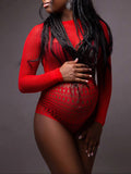 Momnfancy Chic Red Distressed Hollow Transparent Backless Bodycon Pregnancy Photoshoot Bodysuit Maternity Mini Jumpsuit