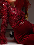 Momnfancy Elegant Wine Red Sequin Sparkly Fluffy Feather Velvet Belt Cocktail Photoshoot Maternity Jumpsuit