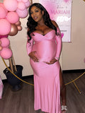 Momnfancy Pink Off Shoulder High Split Maternity Maxi Dress