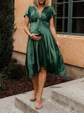 Momnfancy Blackish Green Bowknot Lace Up Irregular Wedding Satin Maternity Frenulum Dress