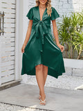 Momnfancy Blackish Green Bowknot Lace Up Irregular Wedding Satin Maternity Frenulum Dress