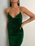 Momnfancy Solid Velvet Backless Chain Halter Neck Bodycon Photoshoot Maternity Maxi Prom Dress