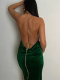 Momnfancy Solid Velvet Backless Chain Halter Neck Bodycon Photoshoot Maternity Maxi Prom Dress