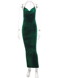 Momnfancy Solid Velvet Backless Chain Halter Neck Bodycon Photoshoot Maternity Maxi Prom Dress