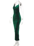 Momnfancy Solid Velvet Backless Chain Halter Neck Bodycon Photoshoot Maternity Maxi Prom Dress