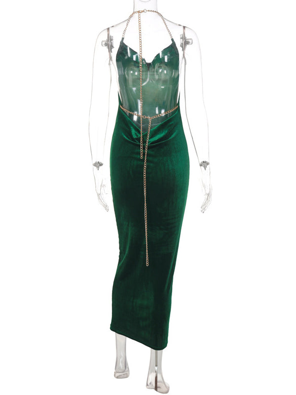Momnfancy Solid Velvet Backless Chain Halter Neck Bodycon Photoshoot Maternity Maxi Prom Dress