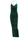 Momnfancy Solid Velvet Backless Chain Halter Neck Bodycon Photoshoot Maternity Maxi Prom Dress