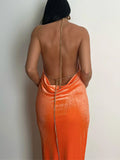Momnfancy Solid Velvet Backless Chain Halter Neck Bodycon Photoshoot Maternity Maxi Prom Dress