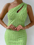 Momnfancy Green One Shoulder Cut Out Popcorn Style Textured Bodycon Waist Baby Shower Maternity Dress